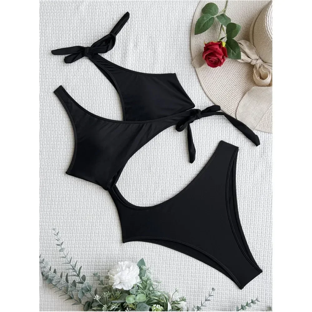 

Черный комплект бикини с перекрестной повязкой, завязанный купальник, купальник с эффектом пуш-ап, цельный пляжный купальный костюм, женские отпускные наряды