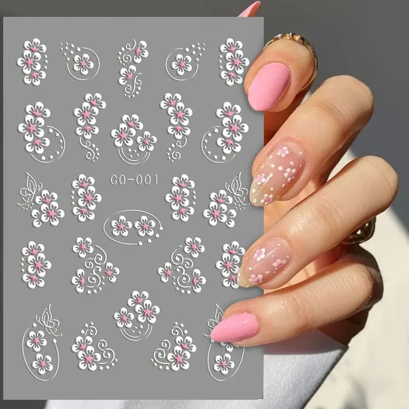 Autocollants 3D en relief pour ongles, fleur blanche, décalcomanies pour nail art, décalcomanies adhésives