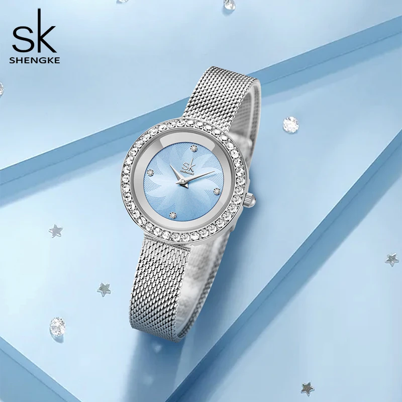 Shengke Top Luxe Merk Vrouw Horloges Diamond Blue Sky Vrouwen Quartz Horloges Originele Ontwerp Mesh Band Dames Klok