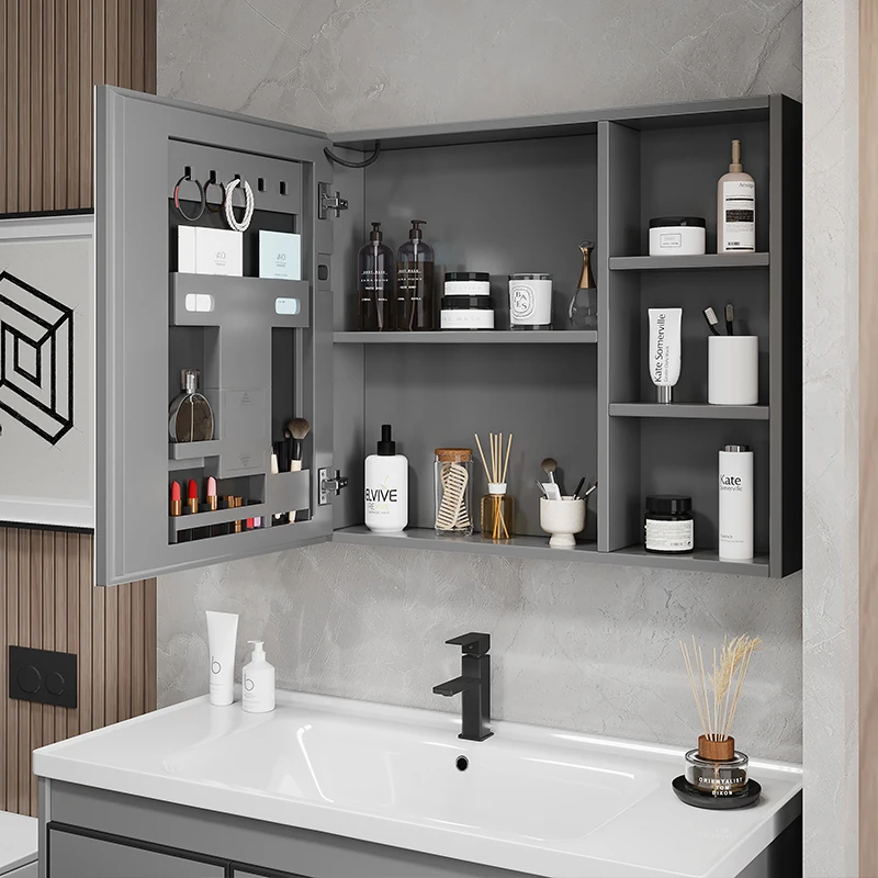 

Space aluminum thickened waterproof bathroom mirror cabinet smart beauty storage rack toilet separate wall-mounted dressing mirr