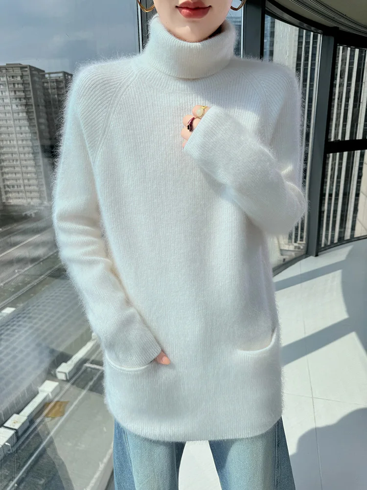 

TLOML Women 100% Mink Cashmere Sweater Turtleneck Pocket Raglan Sleeve Pullover Autumn Winter Mink Cashmere Soft Casual Long Top