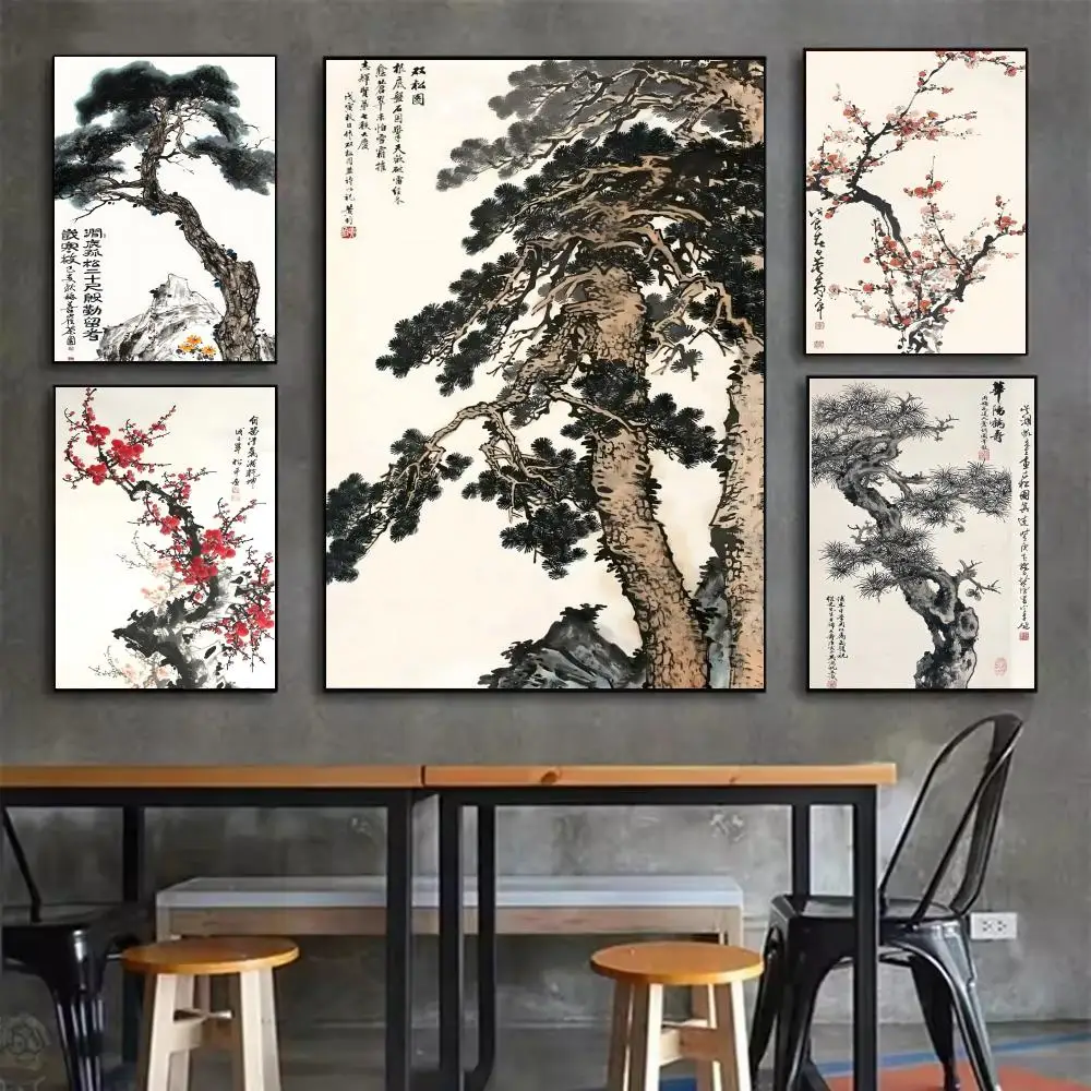 Chinese Ink Style Pine Tree Alpine Flow Water Poster Perfect Sticker Self Adhesive Art Designed for Home Dining Office Spaces
