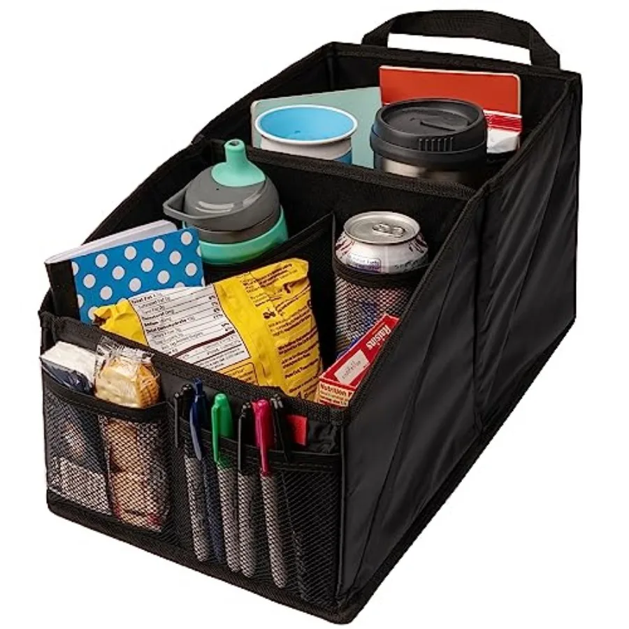 

Car Seat Organizer - Built-In Car Cup Holders and Mesh Pockets - Foldable Back Seat Organizer with Handles - Road Trip Essentia