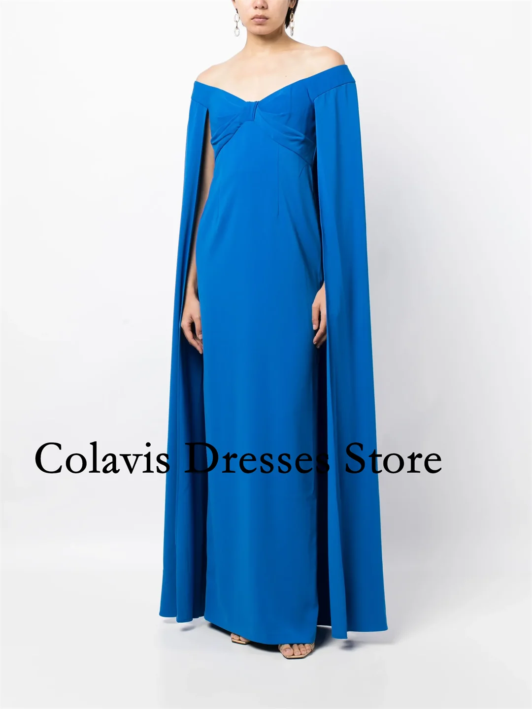 

2025 Customized Off the Shoulder Blue Cape Sleeves Crepe Prom Dresses Evening Dress Women Evening Gowns Formal Party Dress