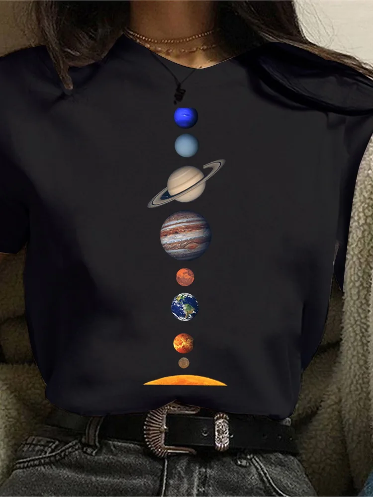 Planets Print Aesthetic Kawaii Graphic Women T shirt Female Retro Black Tops Tee Ladies Clothing