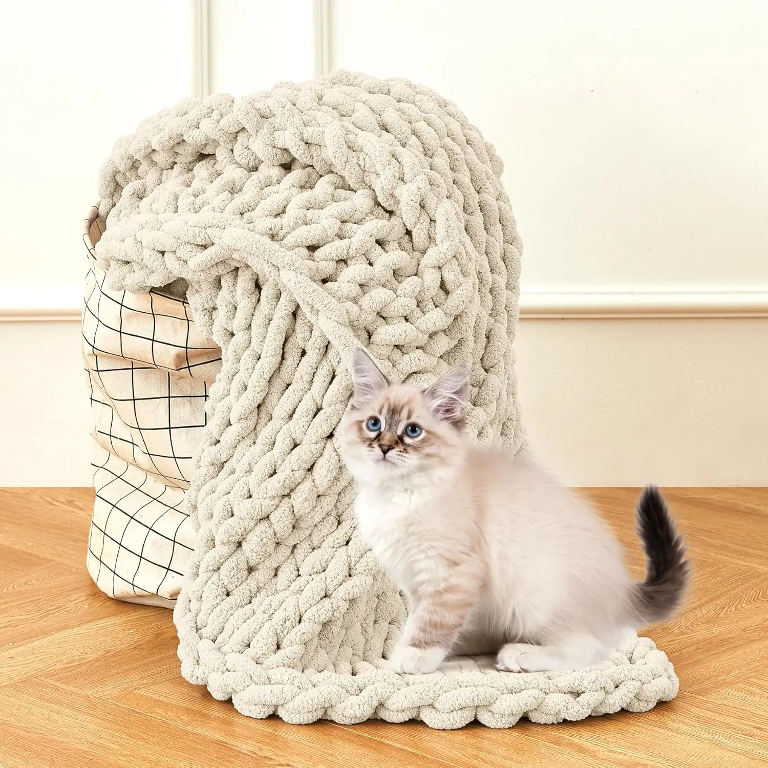 Chunky Knit Blanket Throw 51x63, Hand-Knit Chenille Sofa & Home Decor, Soft Cozy Ivory