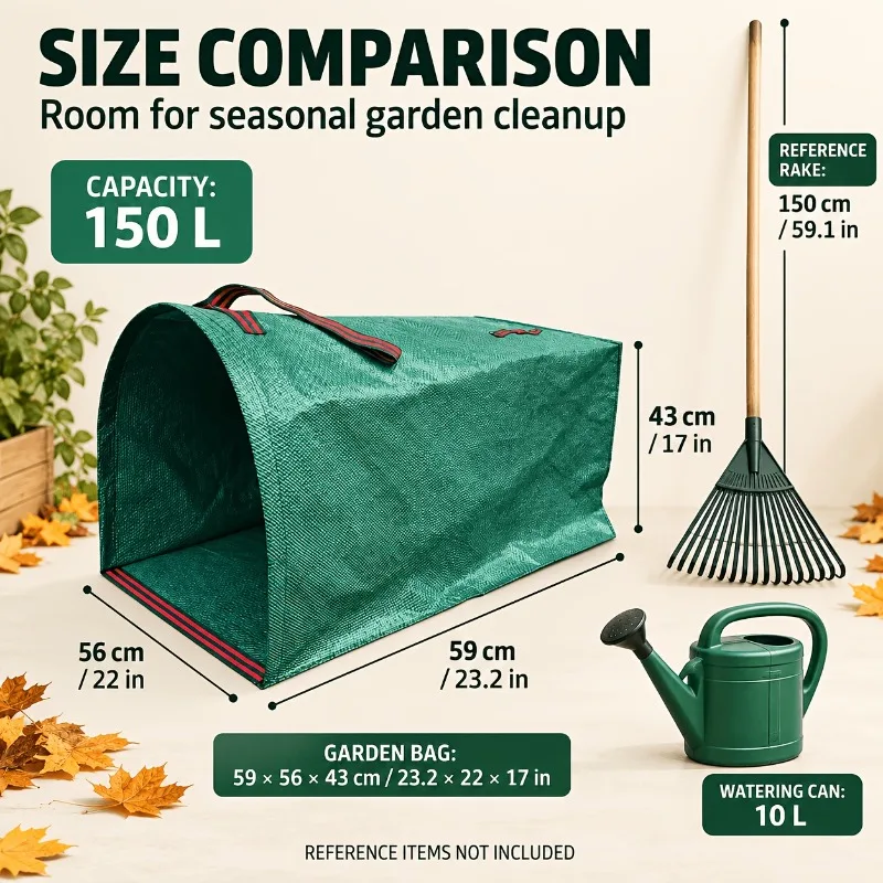 Green Garden Leaf Collection Bag, Large Self-Standing Yard Waste Bag with Wide Handle, Thick Woven Washable Reusable