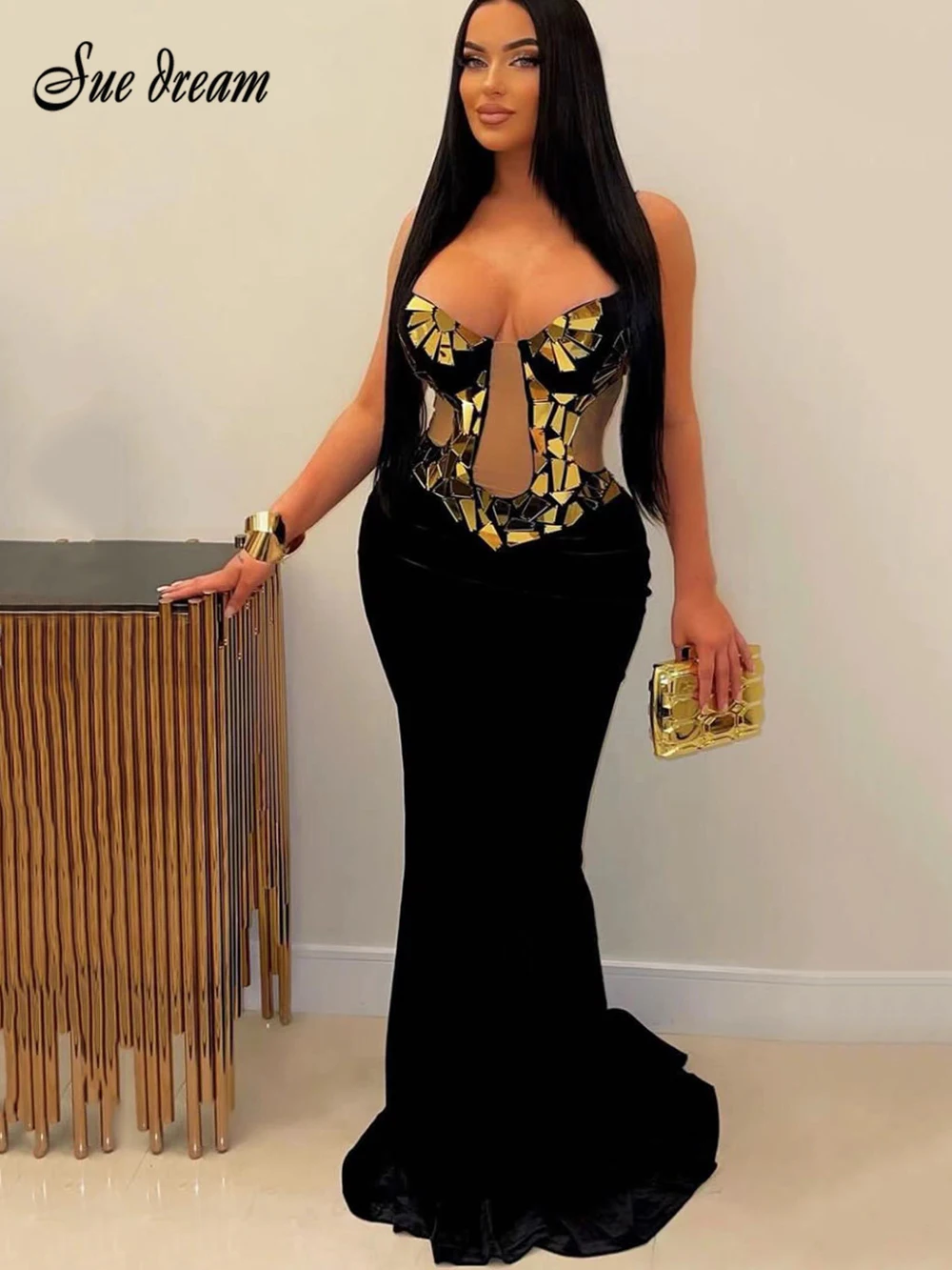 

2024 Black New Women's Summer Spaghetti Strap V-neck Mesh Spliced Bandage Long Dress Bodycon Celebrity Party Evening Dress