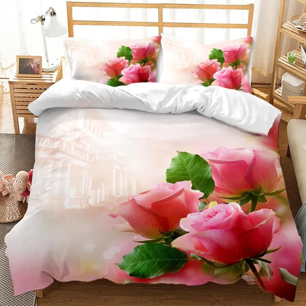 Pink Rose Bedding Set King/queen/Full/Twin Size for Girls Women,Romantic Floral Theme Duvet Cover with 2 Pillowcases,multicolor