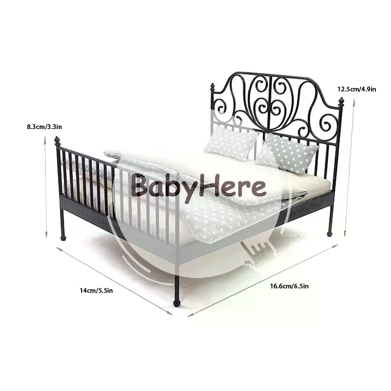 1/12 Dollhouse Simulation European Bed With Mattress Pillow Quilt Doll Home Iron Art Double Bed Bedroom Furniture Decoration To