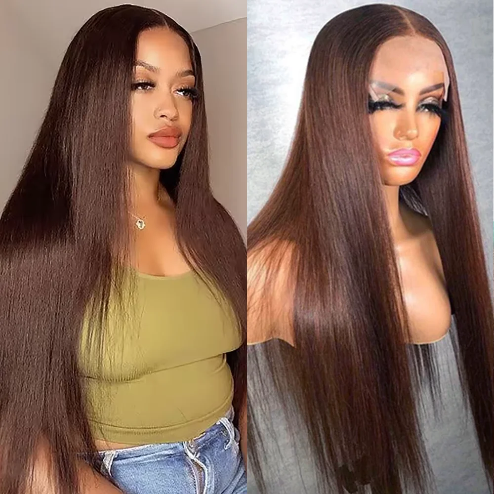 Chocolate Brown Straight Human Hair 13x6 HD Lace Frontal Wig #4 Brazilian 13x4 Lace Front Human Hair Wigs For Women 40 42 Inch
