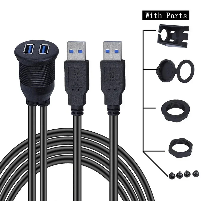 Dual USB 3.0 Male To USB 3.0 Female Extension Cable with Flush Mount Panel for Car Truck Boat Motorcycle