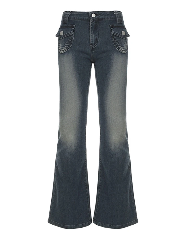 

Retro Women’s High Waist Flare Denim Jeans Pant Pocket Decorate Distressed Trousers Trendy Casual Street Fashion Wear For Woman