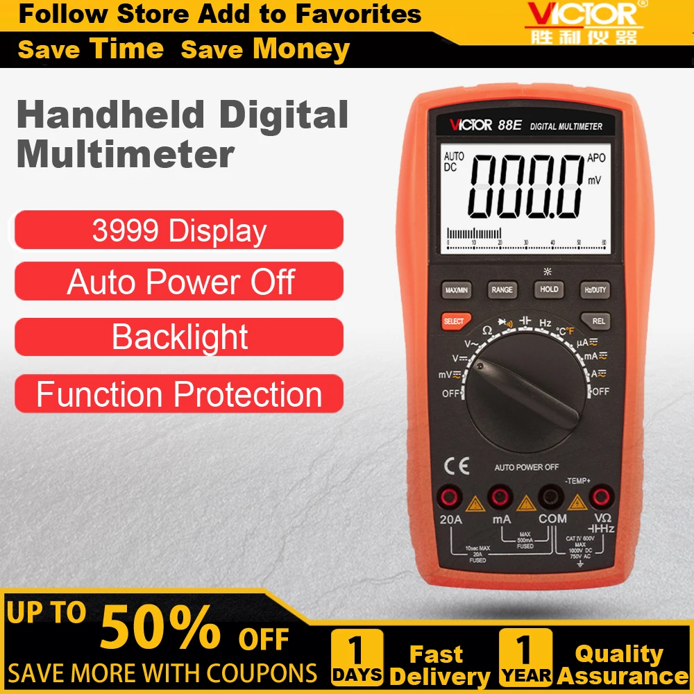 

VICTOR 88E 3999 Counts large LCD Display True RMS Digital Multimeter Tester Auto / Manual Range 100mhz AC DC 1000V 20A