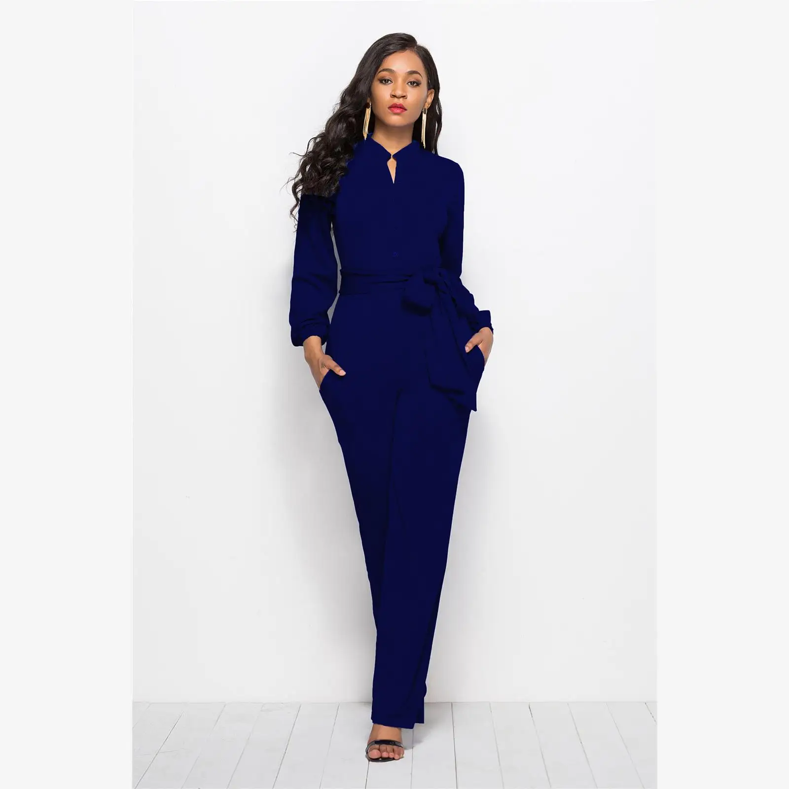 

Женский комбинезон Street Sle с поясом, длинный све, воротник-стойка, пуговицы, большие размеры, широкие брюки Faion, чистый цвет