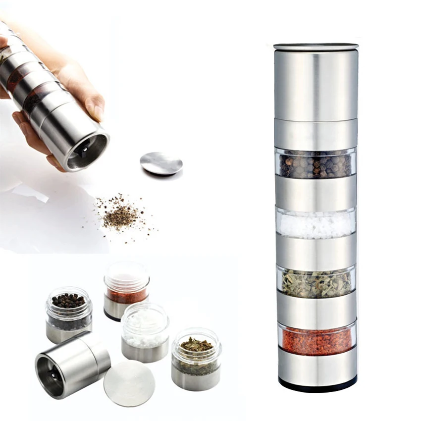 Portable Stainless Steel Camping Rotary Pepper Mill, Manual Grinder, Multi-Layer Ceramic Grinding Core Condiment Bottle