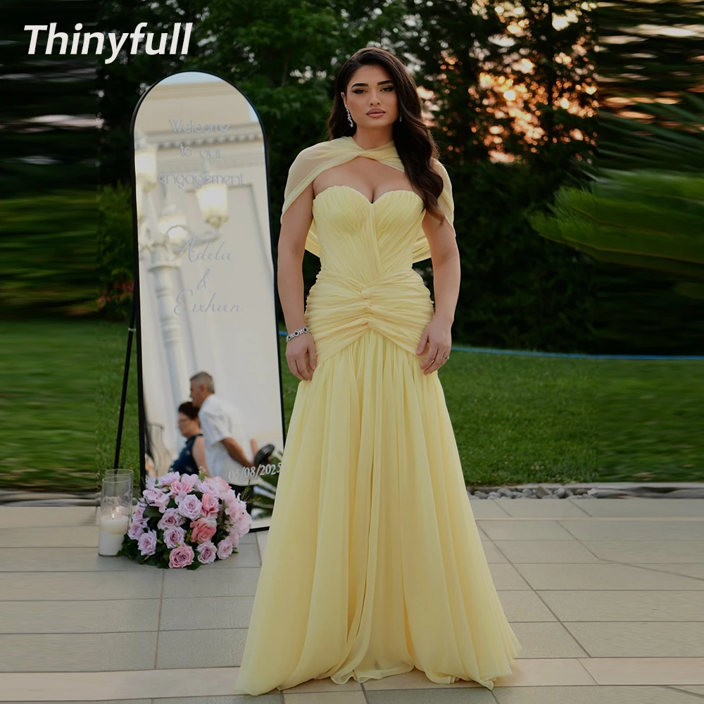 

Thinyfull Yellow Chiffon Arab Prom Dress Sweetheart Sleeveless Pleat Evening Gown Holiday Style Dress robes de soirée Customized