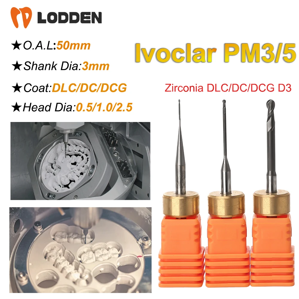 Ivoclar PM3/PM5 Zirconia Milling Burs DLC/DC/DCG Coating D3 Shank 50mm Length 2.5/1.0/0.5mm Drill Grinding Tool for CAD CAM