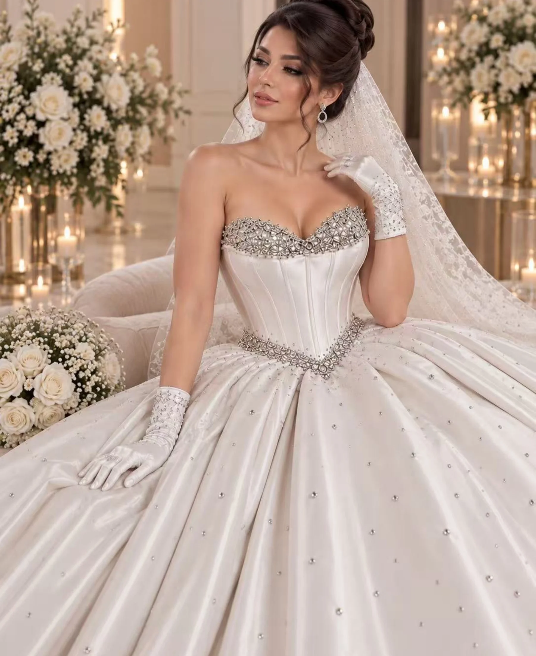 Customized Ball Gown Satin Wedding Dresses Long for Bride Sweetheart Neckline Puffy Beading Pearls Bridal Dresses Gowns