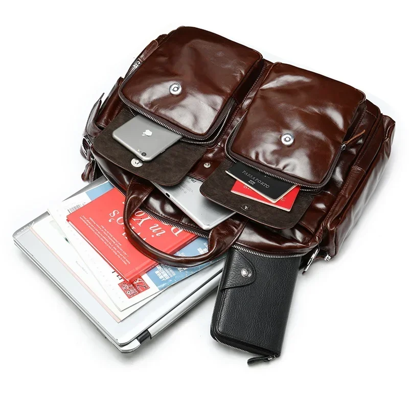 Borsa da lavoro da uomo in vera pelle di grande capacità, valigetta da viaggio, borsa a tracolla in pelle cerata resistente all'usura