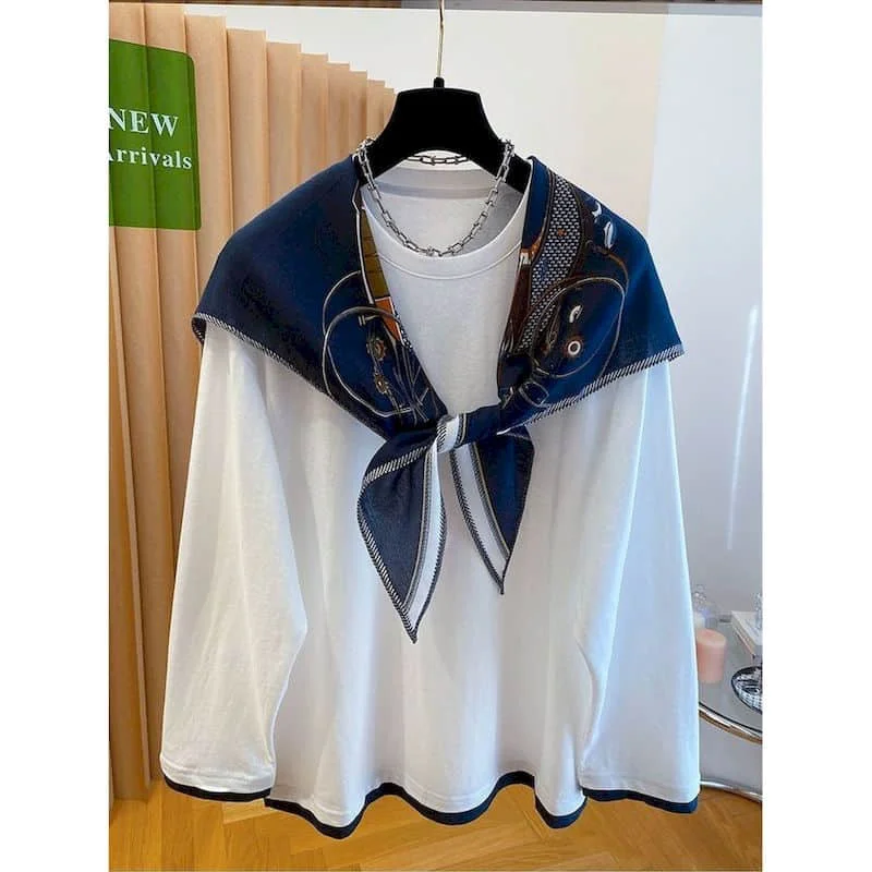 

O-neck T-shirts with Shawl Oversized Patchwork Gothic Tops Basic Vintage Casual American Style Long Sleeve Autumn Women Clothing