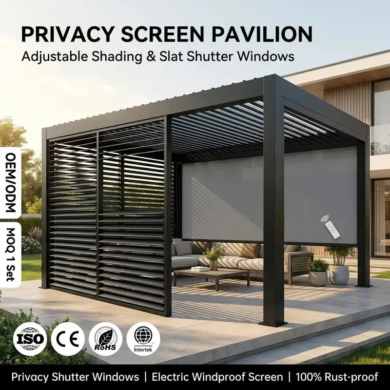 All Weather Aluminum Pergola Privacy Shutter Motorized Windproof Screen Balcony Standing Backyard Terrace