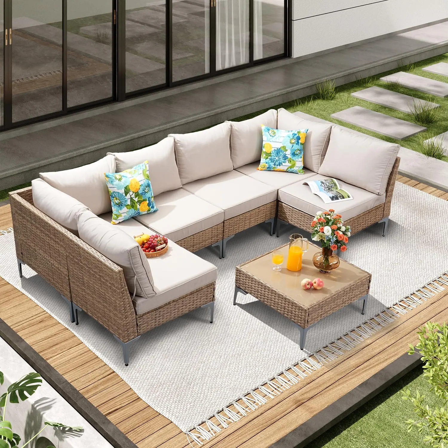 

7 Piece Wicker Patio Furniture Set,Outdoor Conversation Sectional Sofa W/Coffee Table,All-Weather Outdoor Sofa With, Customized