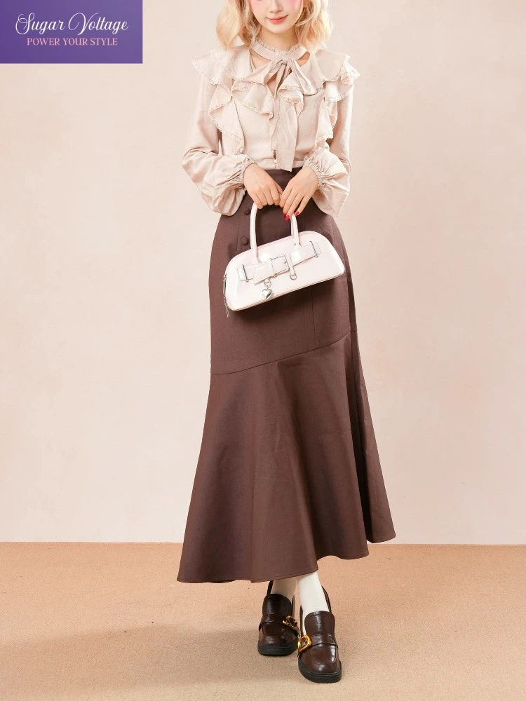 Japanese Y2K Vintage Elegant Retro Two Piece Set Women Pink Bow Blouse + High Waist Mermaid Skirt Autumn Lace Collar Slim Outfit