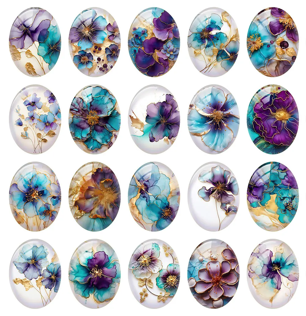 10pcs/lots Oval Ink Blue Flower Photo Glass Cabochon Charms Demo Flat Back Cameo For Diy Jewelry Making Findings Accessories