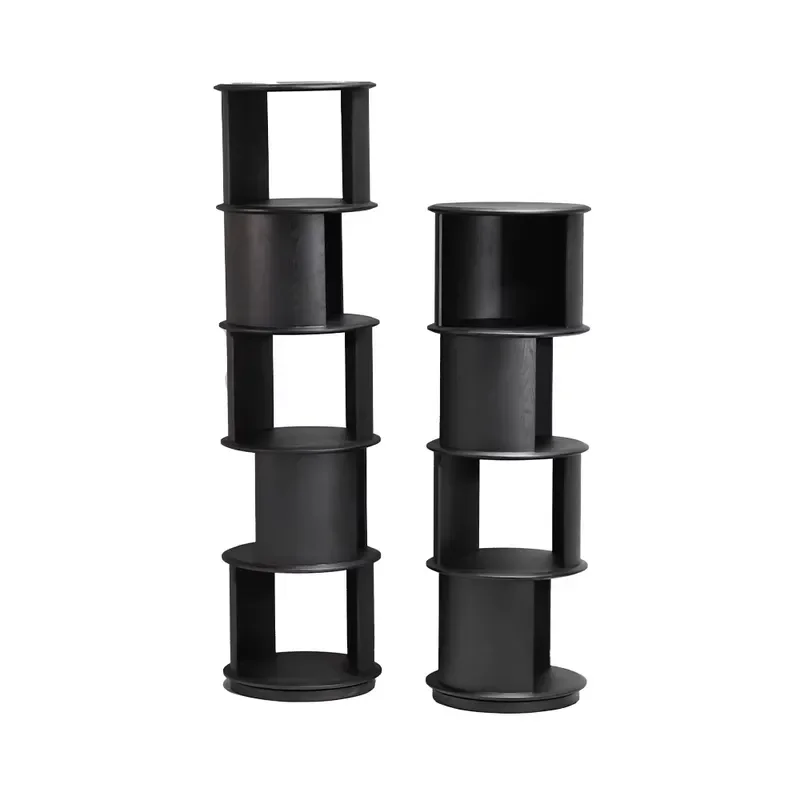 Black Wooden Bookshelf 360 Degree Rotating Multi Layer Display Stand Rounded Corner Modern Living Room Furniture Storage Rack