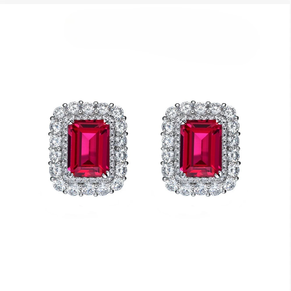 

New S925 Silver Rectangular 8 * 10 Surround Full of Diamonds 4ct Cultivated Red Treasure Earrings Luxurious Wedding Jewelry