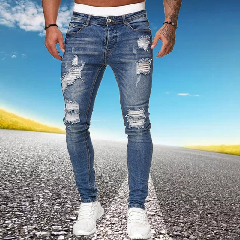 

2024 New Street Style Ripped Skinny Jeans Men Vintage wash Solid Denim Trouser Mens Casual Slim fit Stretch pencil denim Pants