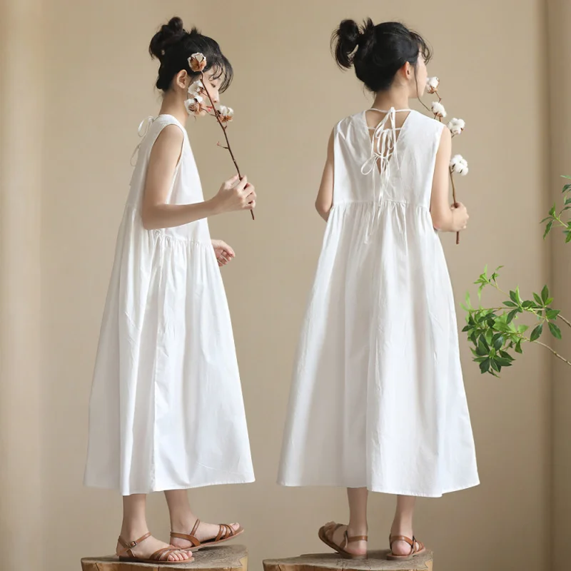 

Parent-Child Matching Outfits for Middle School Students, White Sleeveless Dress with Back Tie, Petite Dress for Girls, High-End