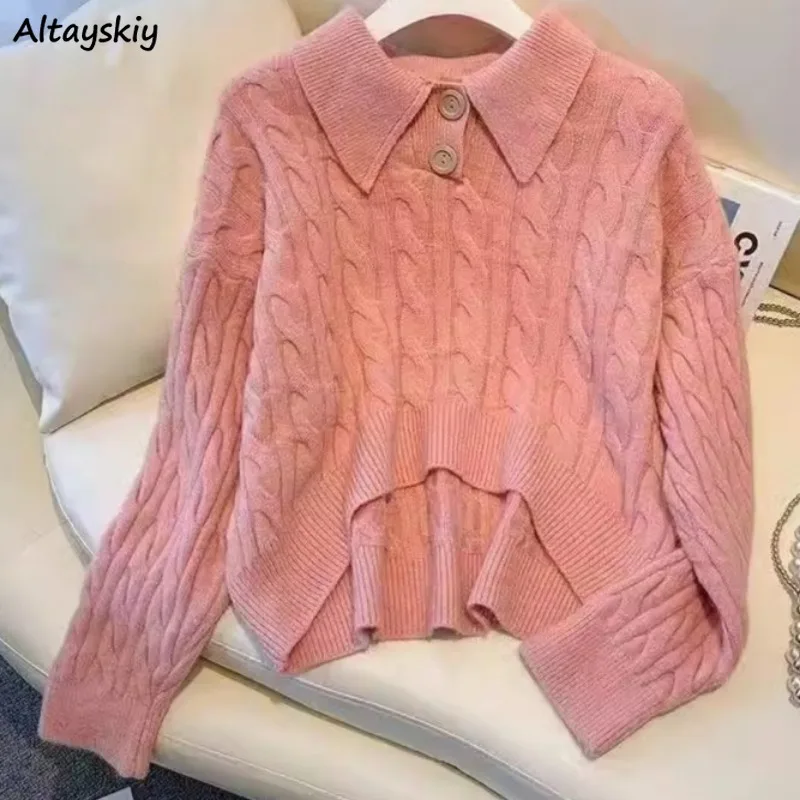 

Sweet Pullovers for Women Turn-down Collar Knitted Autumn Winter Long Sleeve Solid Casual Ins High Street Young College Girls