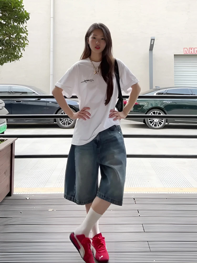 حجم كبير السراويل الدنيم خمر خمس نقاط المرأة خريف 2025 جديد الأمريكية عادية فضفاض واسعة الساق متوسطة طول الجينز