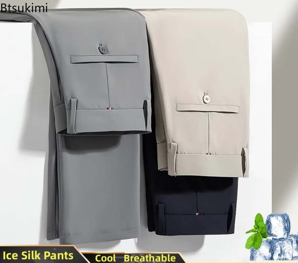

Летние тонкие брюки из ледяного шелка, мужские классические деловые офисные официальные брюки из эластичной ткани, дышащие классические брюки для мужчин