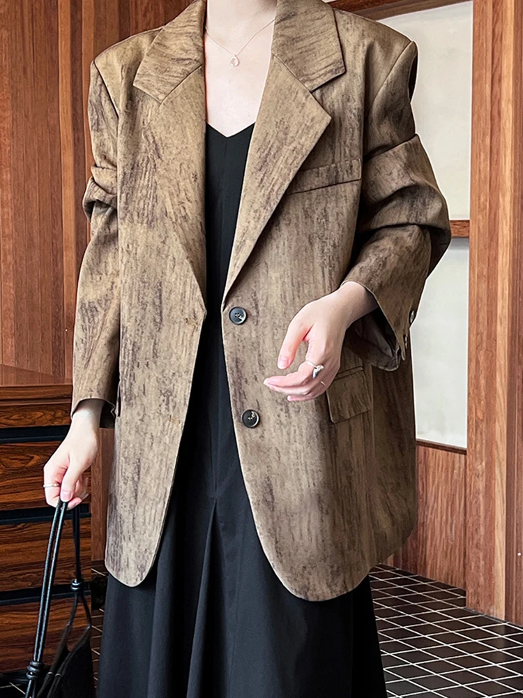 [LANMREM] Office Lady Loose Blazers For Women Notched Single Breasted Long Sleeve Vintage Jackets 2024 Autumn New 26C206