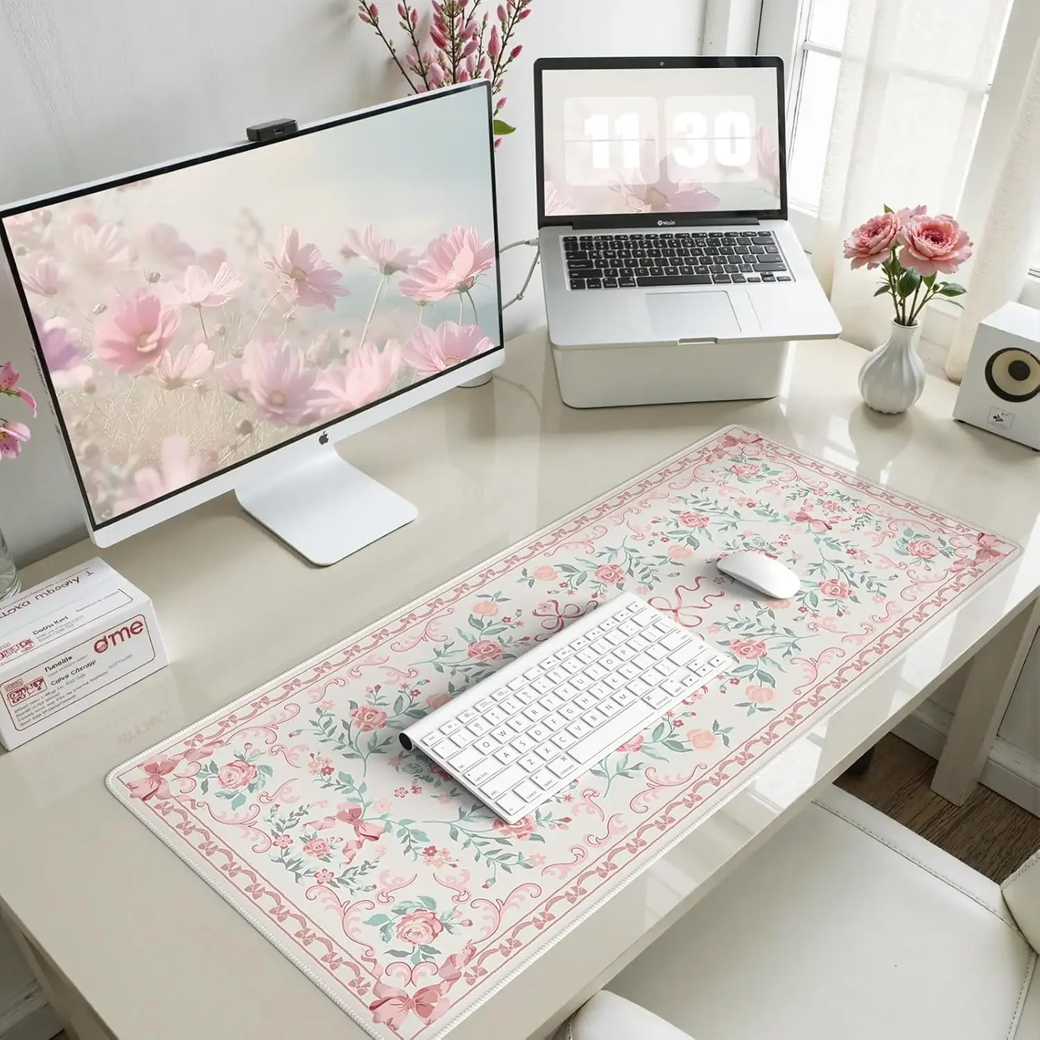 Pink Bow Rose Gaming Mouse Pad, Cute Ribbon Floral Vine Print Smooth Edge Non Slip Mat for Gamers Office Home Wireless Mouse Use
