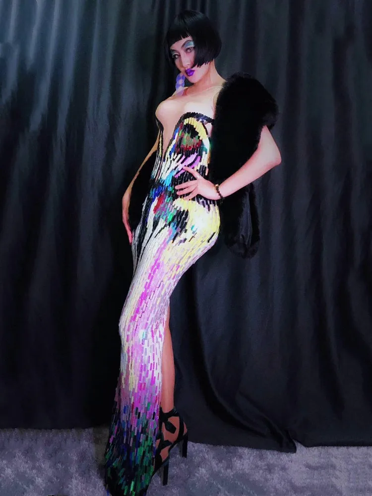 Colorful Sequins Bodycon Maxi Dress Sleeveless Stretch Women Sexy Stage Nightclub Bar Performance Costume Club Party Long Dress