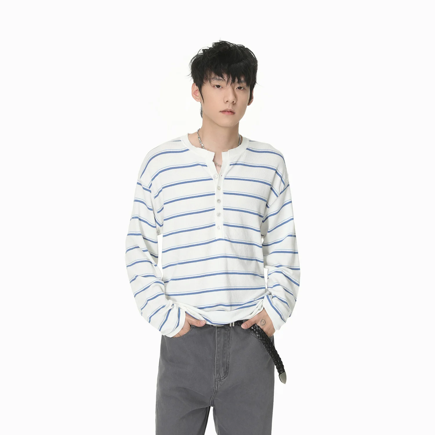 Vintage 2026 New Fashion Men's Color-coded Striped Loose Long Sleeve Button O-neck Undershirts Male Casual Simple Basic T-shirts