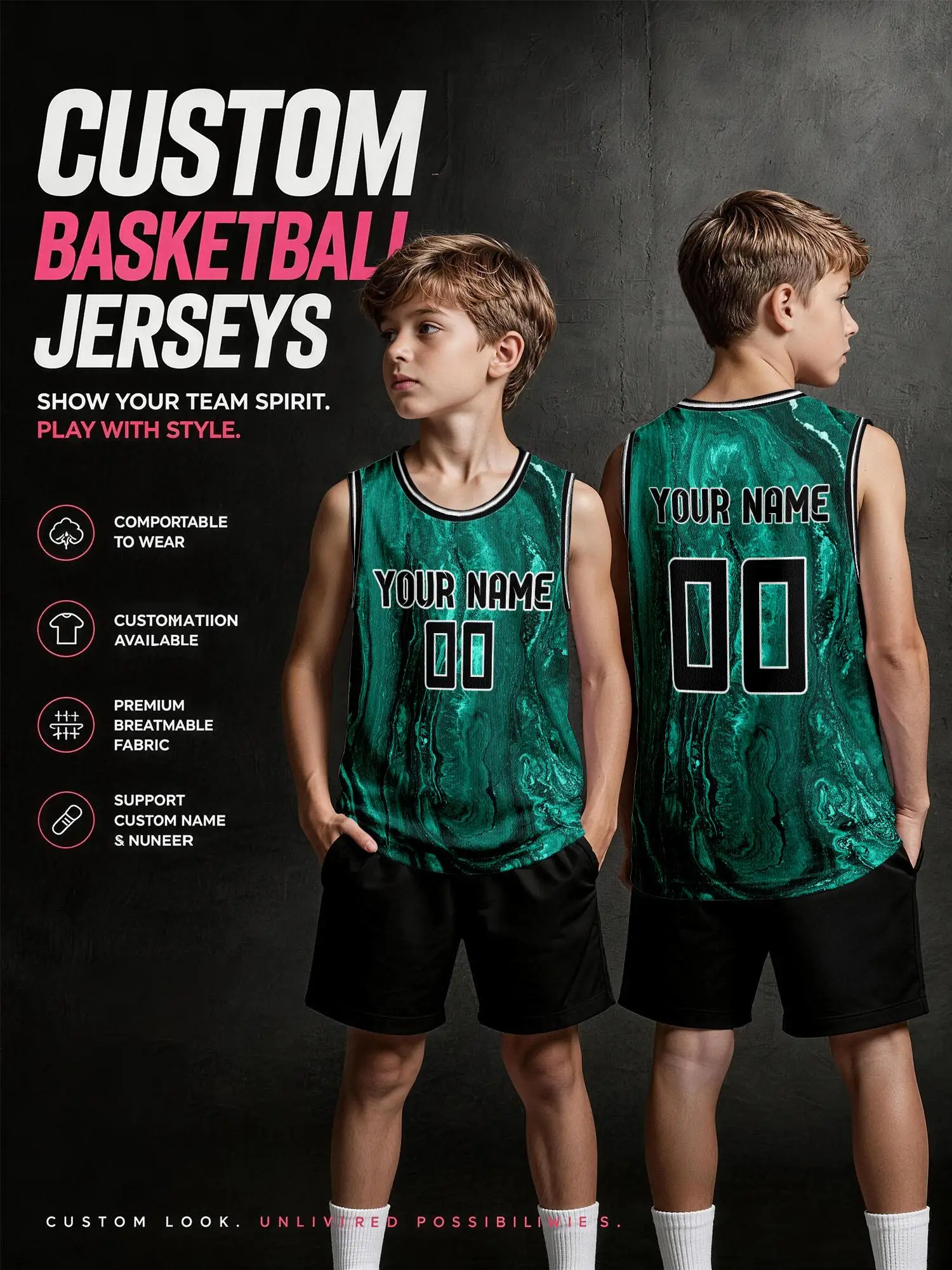Custom Emerald Green Marble Texture Basketball Jersey, Adult & Kids Team Uniform, Print Name Number