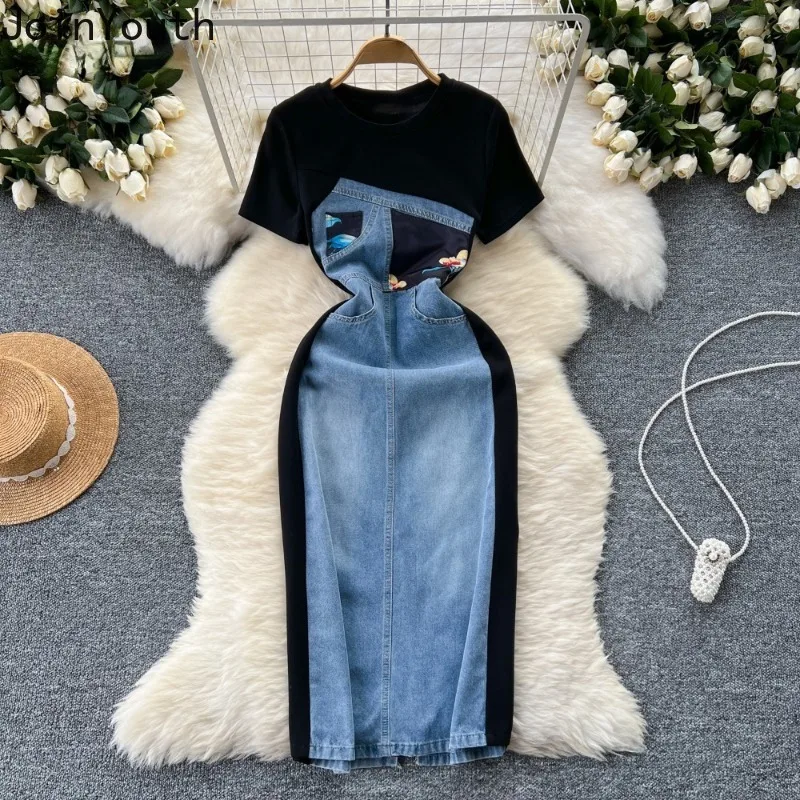 Summer Y2k Dresses for Women\'s O Neck Half Sleeve Casual Korean Femme Robe High Waist Slim Fit Patchwork Denim Fashion Dress