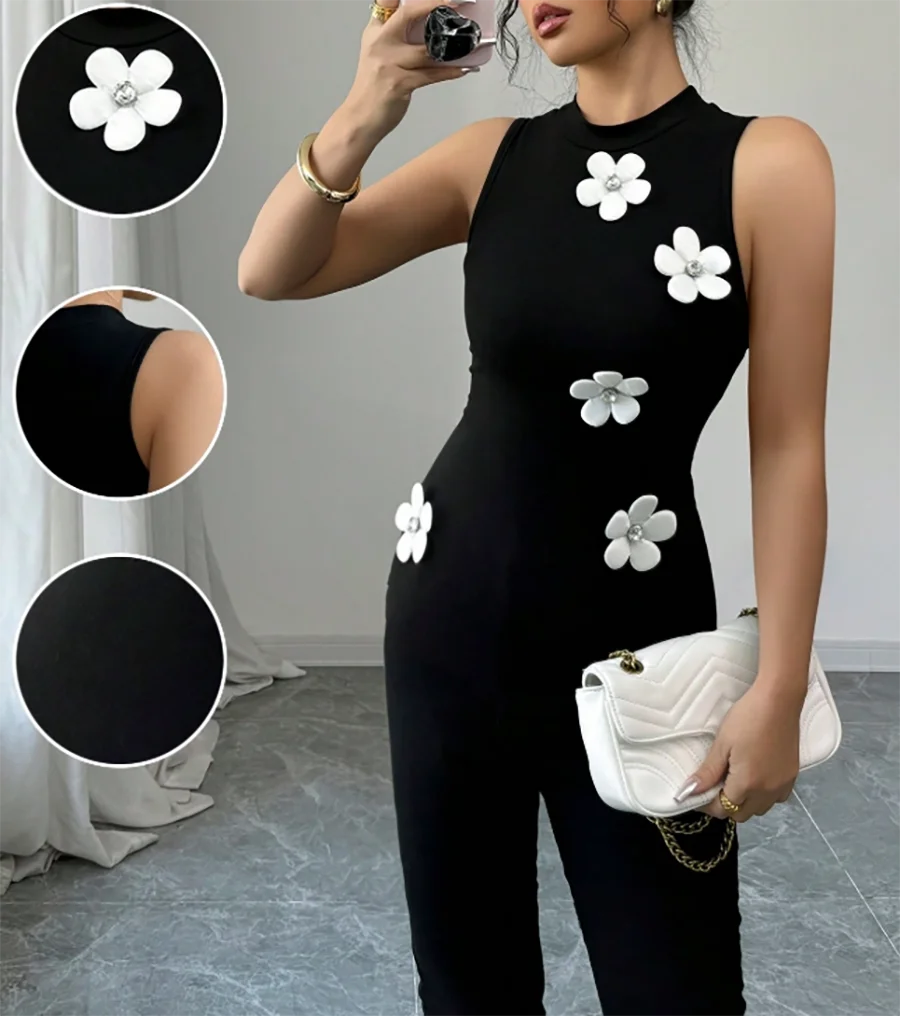Damen Tanktop Frühling Sommer Schwarz Ärmellos Mock Neck 3D Blumen Strass-Verzierung Valentinstag Elegant Sexy Casual Party Top