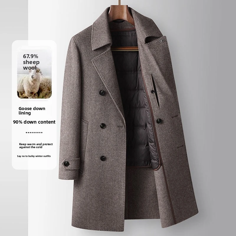 Men Mid Long Wool Overcoat 67.9% Sheep Wool Detachable 90% Goose Down Liner Double Breasted Business Winter Warm Woolen Coat