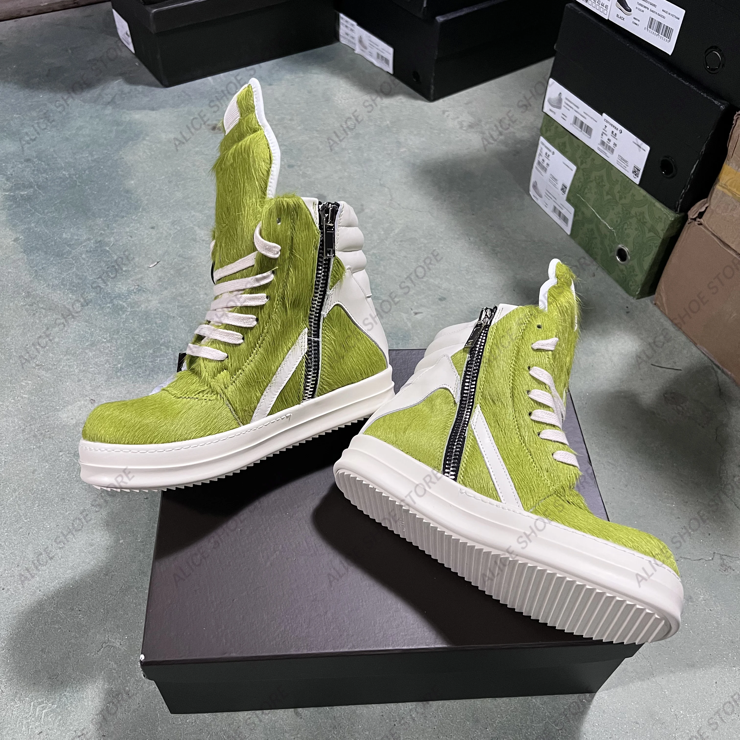 

Brand Women Ankle Boot Horse Fur Casual Men Sneaker High Top Leather Geobasket Green Zip Designer Quality Thick-sole Street Shoe