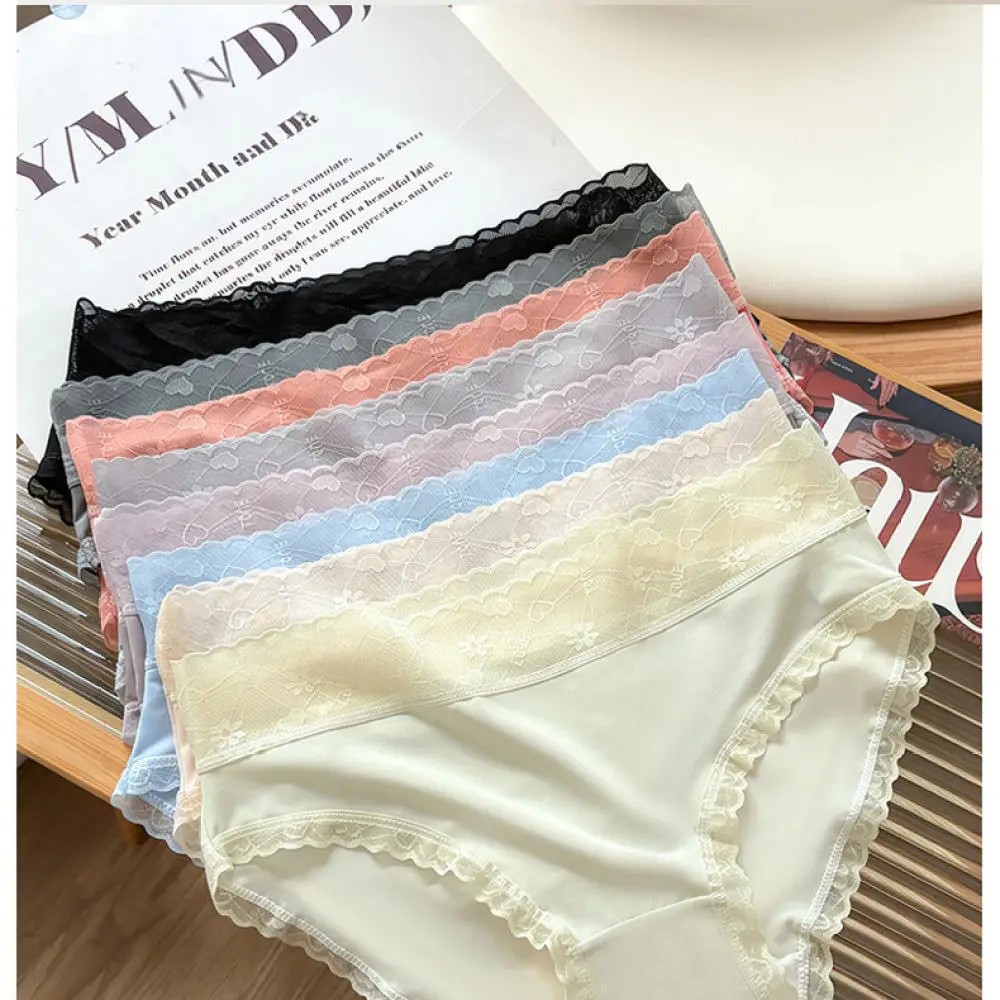 Soft Women Panties Mid Rise Ice Silk Underwear Breathable Cotton Crotch Lace Trim Plus Size Seamless Comfort Lady Briefs