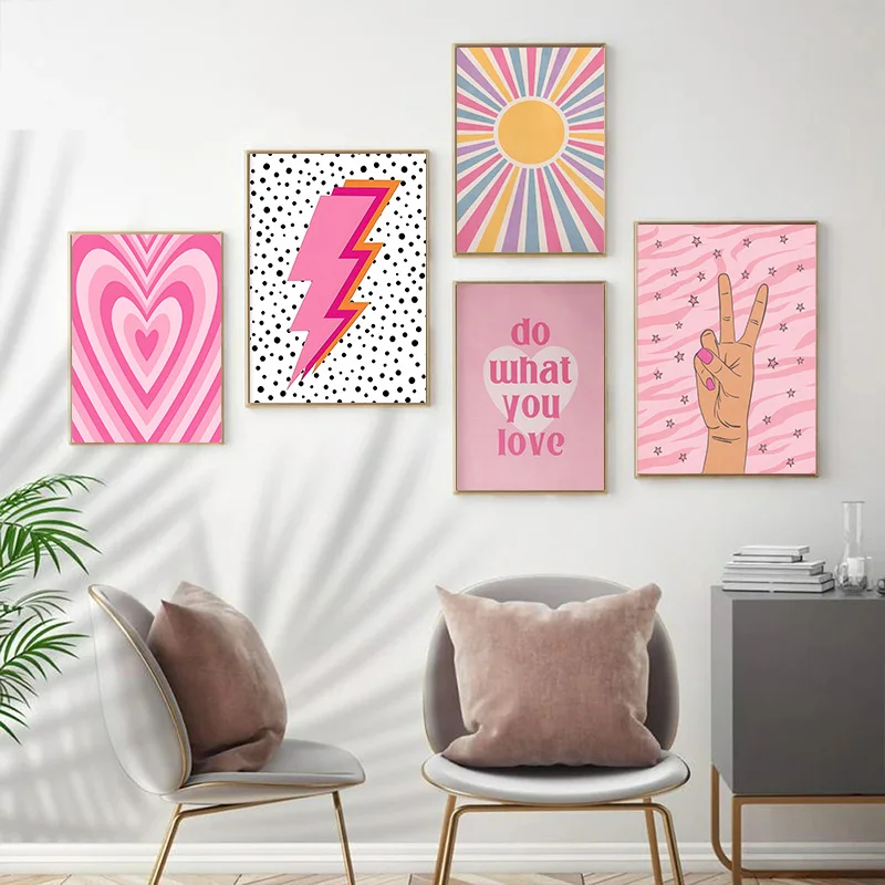 Abstract Pink Lightning Gradient Love Heart Sun Wall Art Canvas Painting Nordic Minimalism Poster Modern Living Room Home Decor