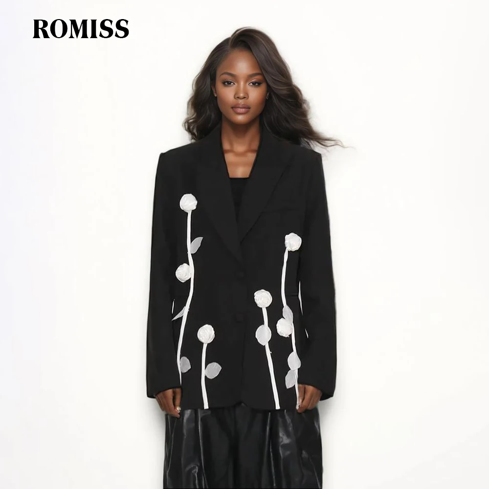 

ROMISS Designer Patchwork Appliques Blazer For Women Notched Collar Long Sleeve Spliced Button Chic Blazers Female Style