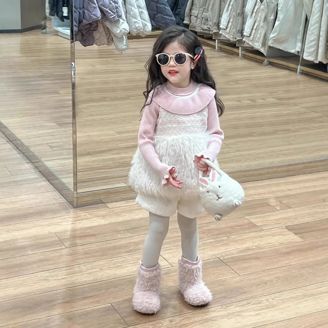 Lace Collar Knitted Top Fragrant Style Fur Vest Dress Set Grils Children Korean Loose Autumn Winter Sweet Cute Comfortable
