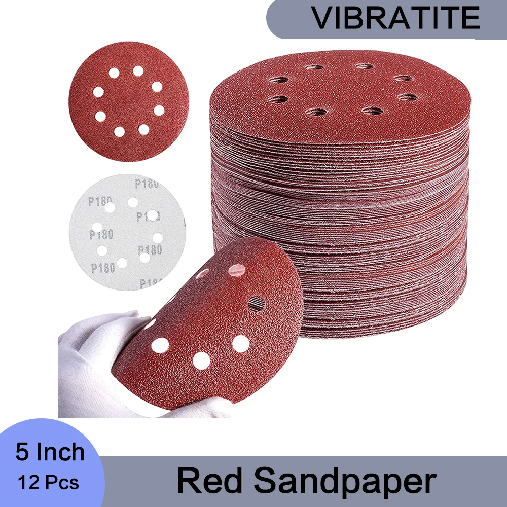 

5 Inch 8 Hole Red Sandpaper 12 Pcs Hook and Loop Sanding Discs Assorted 60-2000 Grits for Polishing Metal and Woodwork